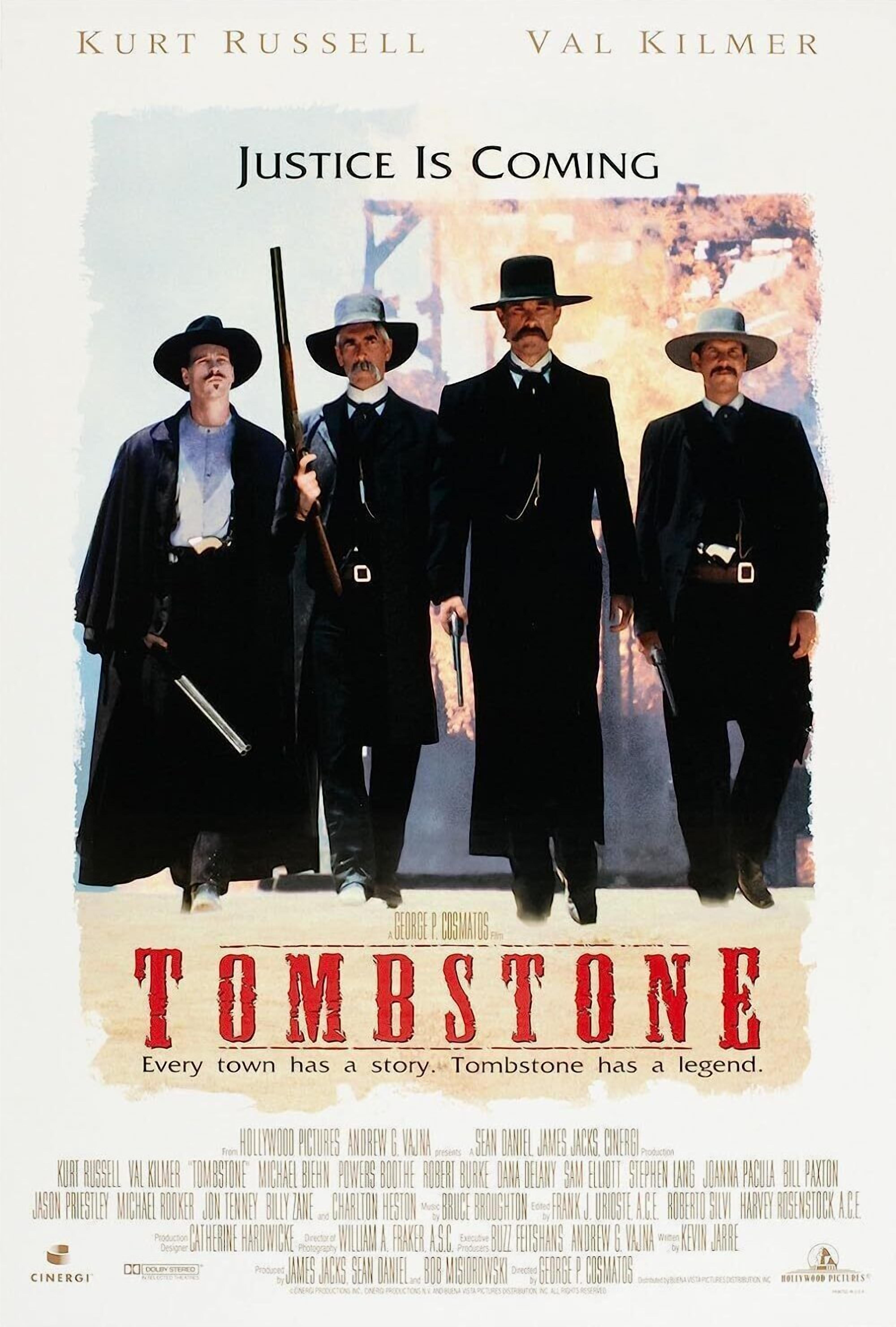 A movie poster for 'Tombstone' with four characters, each holding a gun.