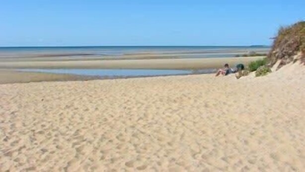 Una playa arenosa con cielo despejado.