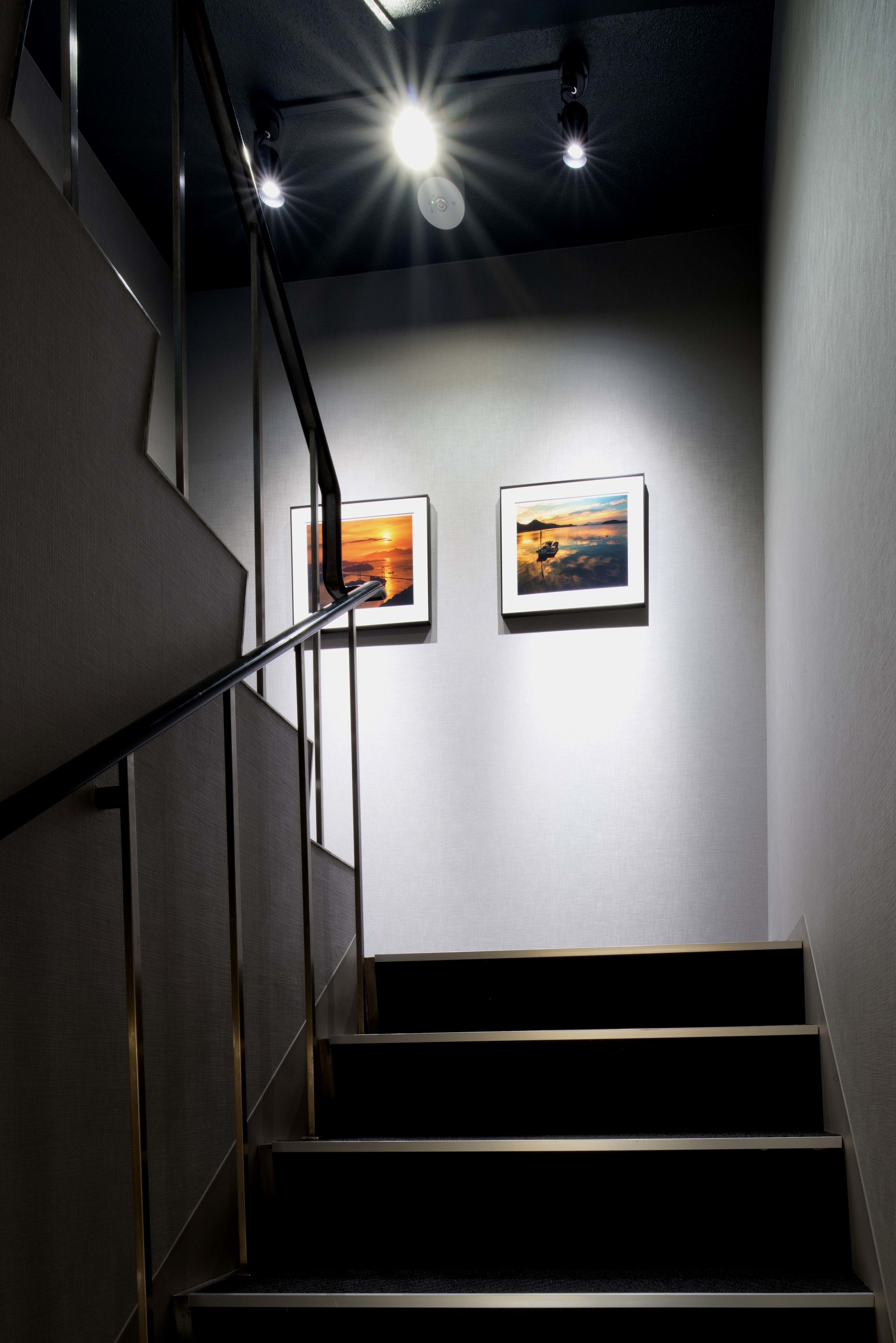 A staircase with a metal handrail, two framed pictures on the wall, and a ceiling light.
