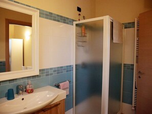 Shower, hair dryer, bidet, towels