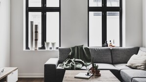 Un salon moderne avec un canapé gris, une table basse en bois et deux fenêtres à cadres noirs.