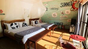 A room with two beds, wooden headboards, and a window with a view of the outside. - Sabai B&B (Huxi)