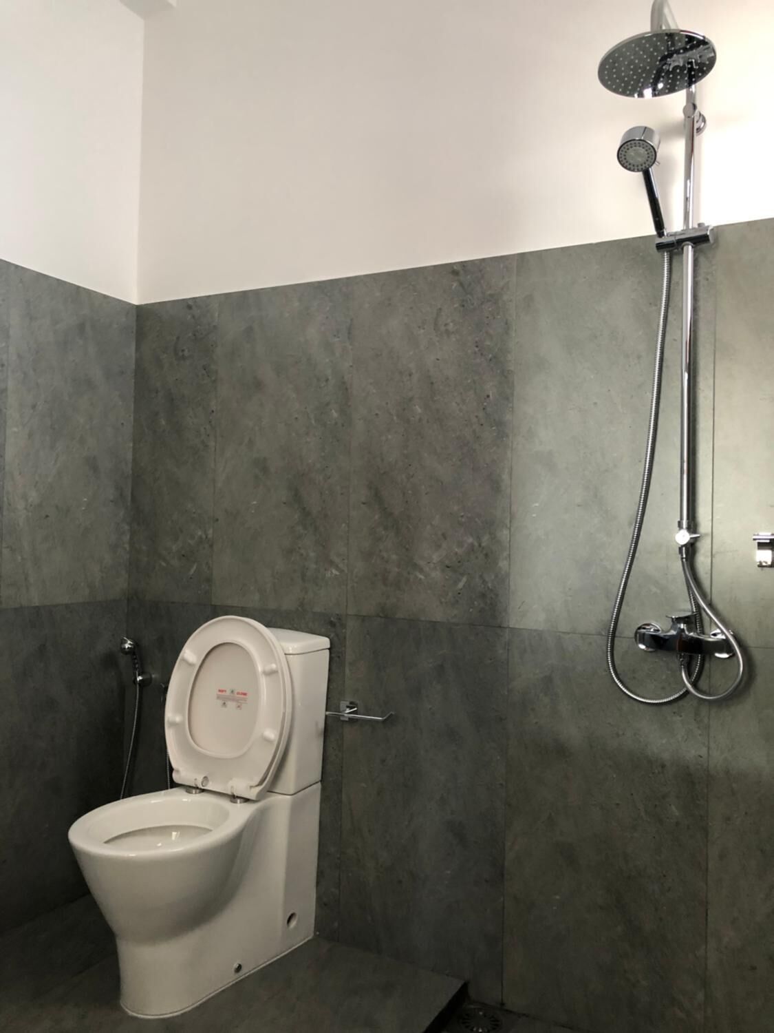 Casa de banho moderna com sanita, chuveiro com chuveiro manual e torneira encastrada.