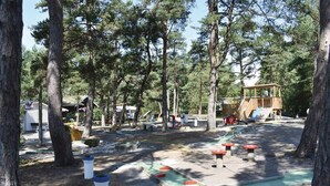 Un parque infantil con toboganes y estructuras para escalar rodeado de árboles.