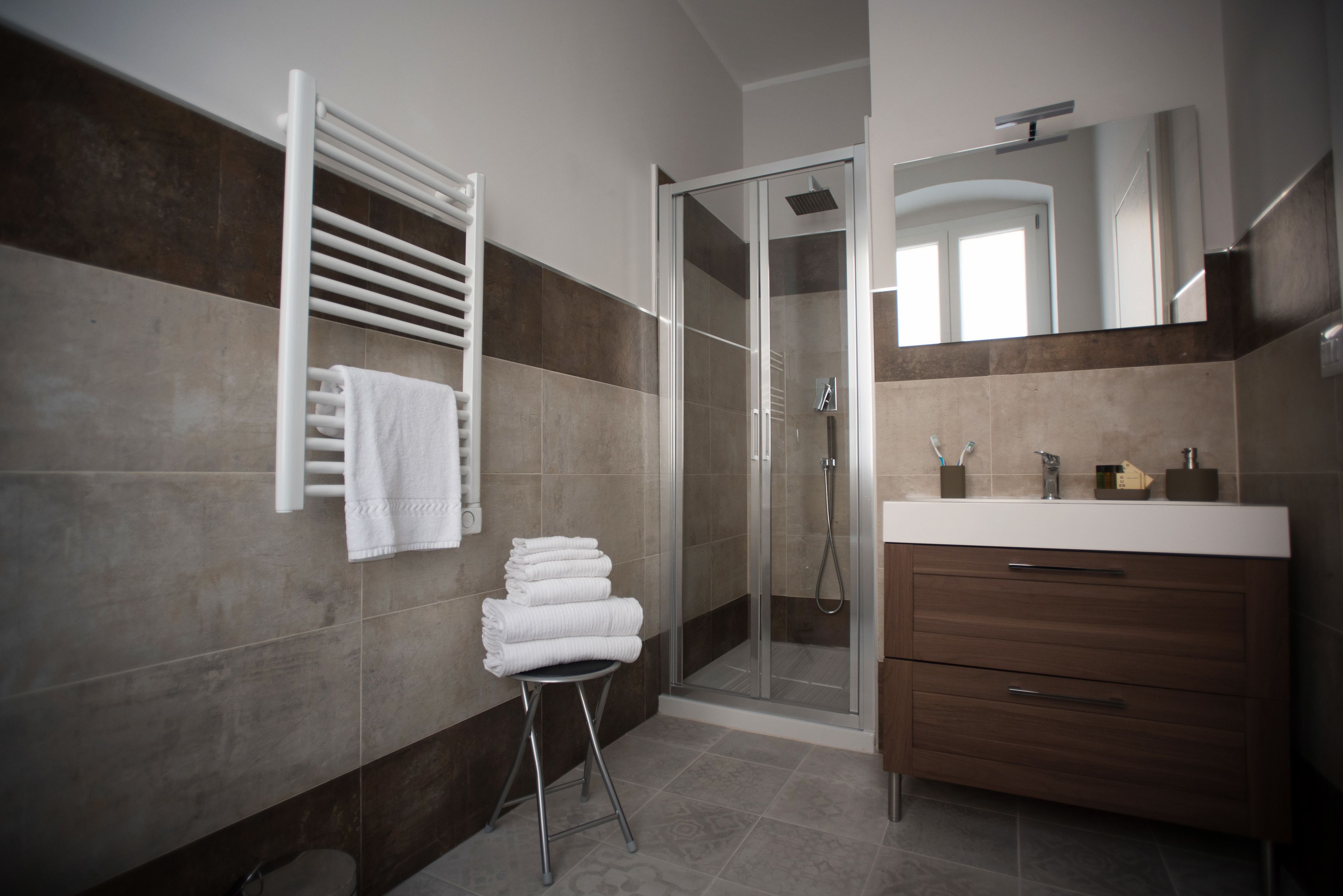A modern bathroom with a glass shower enclosure, a white towel rack, and a vanity with a mirror.