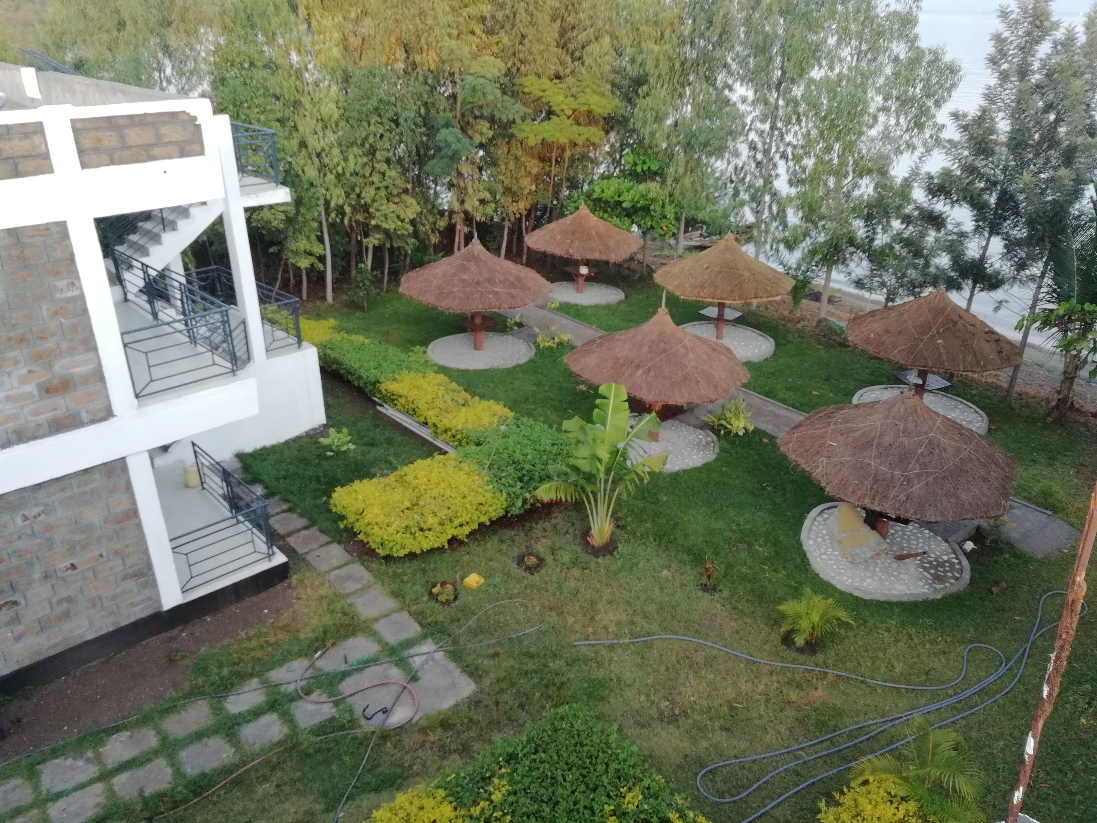 Une cour avec un bâtiment blanc, des parasols en chaume et une variété de plantes.