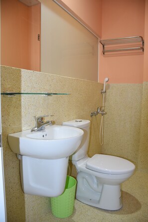 Shower, free toiletries, hair dryer, slippers