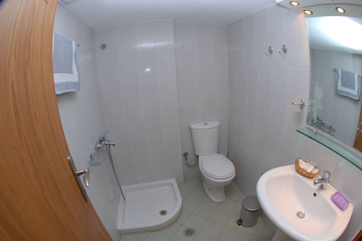 Shower, free toiletries, hair dryer