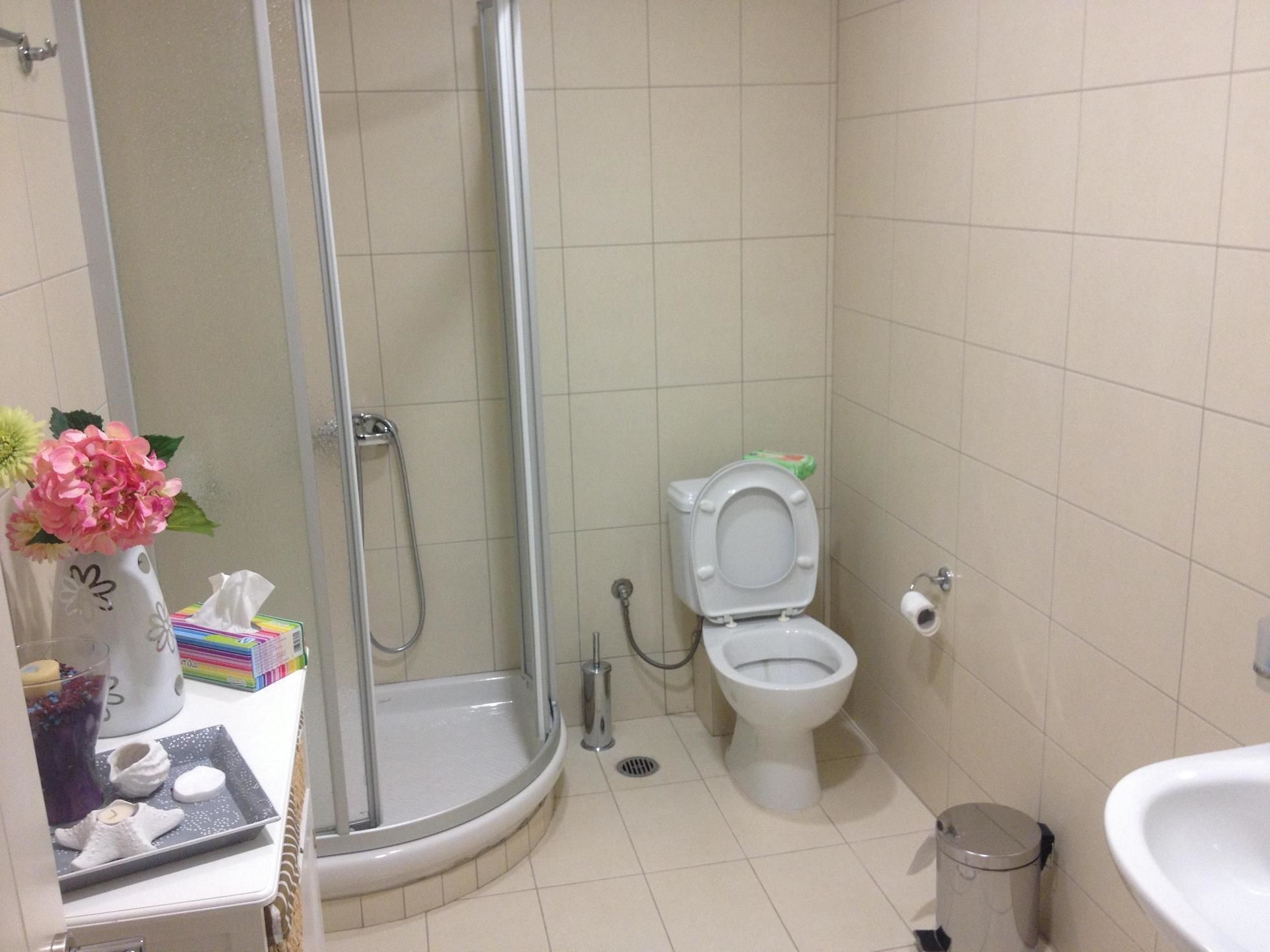 A bathroom with a shower, toilet, sink, and a trash bin.