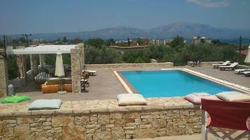 Seasonal outdoor pool, pool umbrellas, pool loungers