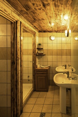 Executive studio | Badkamer | Een douche, gratis toiletartikelen, een haardroger, handdoeken