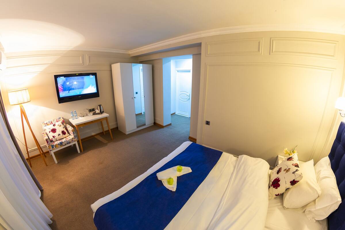 A hotel room with a bed, a desk, a television, and a bathroom door.