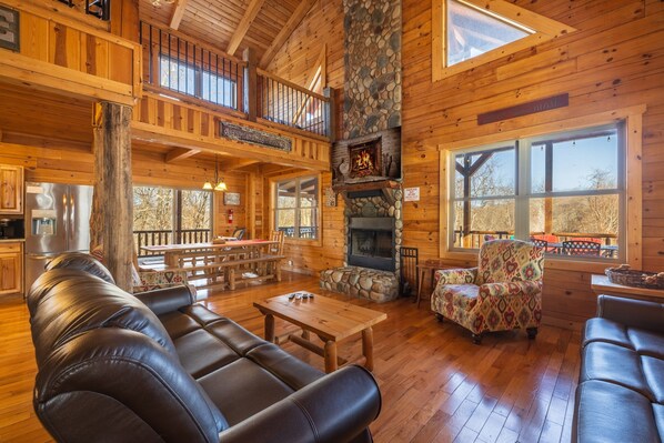 Smart TV, fireplace, video games, DVD player