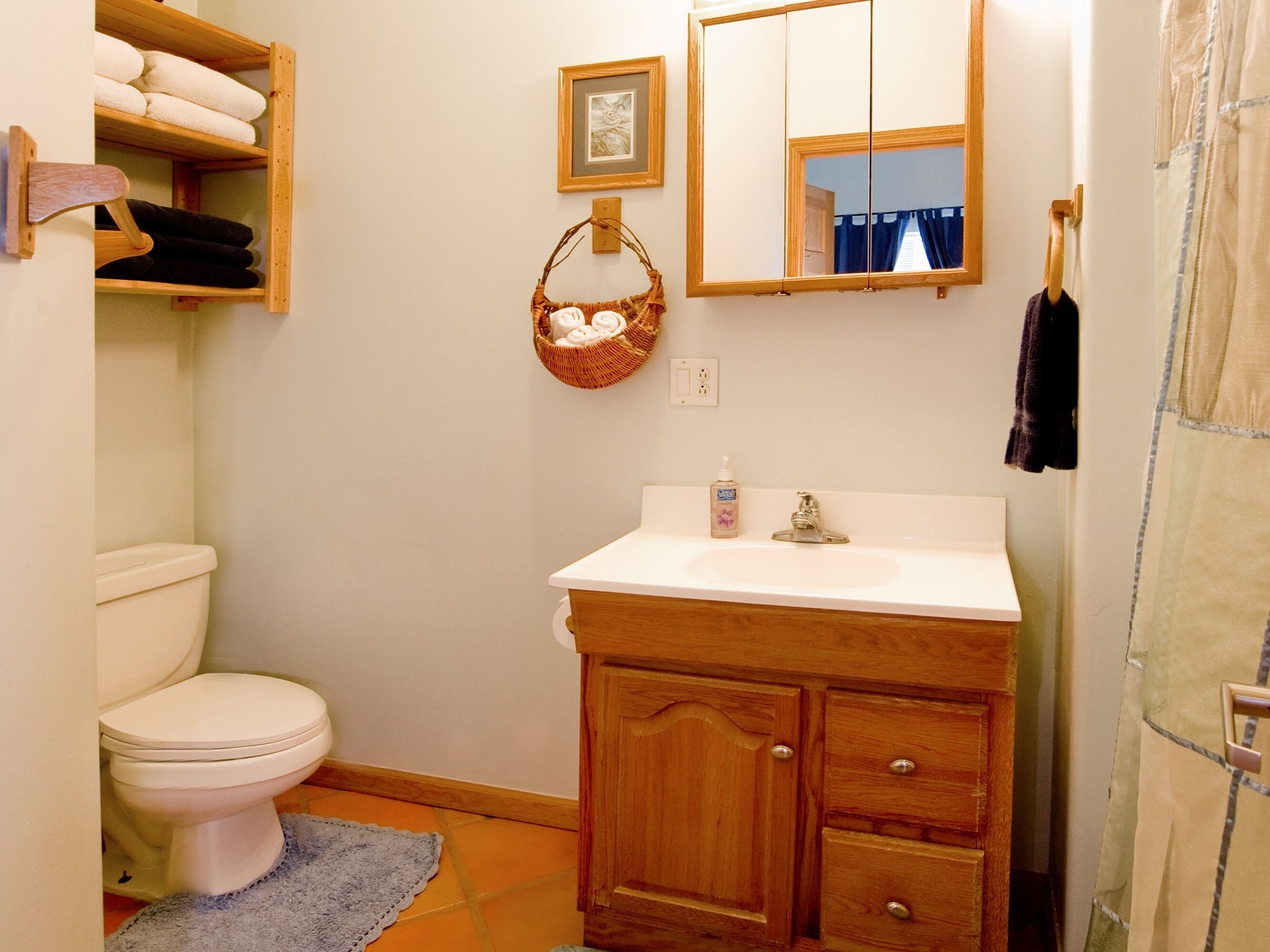 A bathroom with a toilet, a sink with a mirror, a wooden cabinet, and a towel rack.