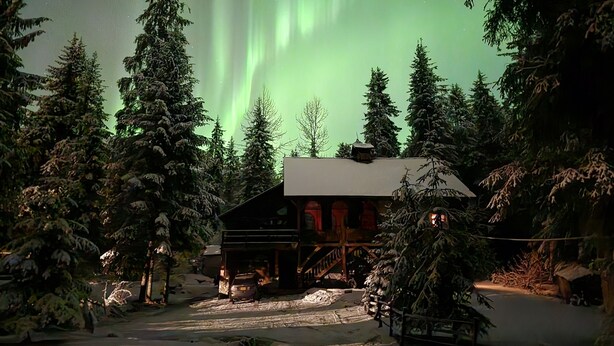 Una cabaña rodeada de árboles cubiertos de nieve con vistas a las auroras boreales.