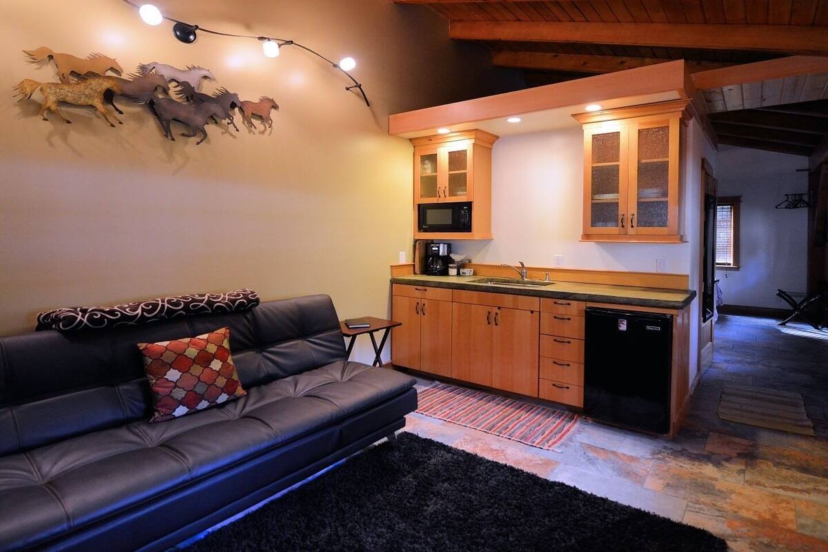 Ein gemütliches Wohnzimmer mit einem dunkelbraunen Ledersofa, einem gemusterten Zierkissen und einem schwarzen Teppich. Angrenzend befindet sich eine Küche mit Holzausstattung, einer Mikrowelle und einem Geschirrspüler.