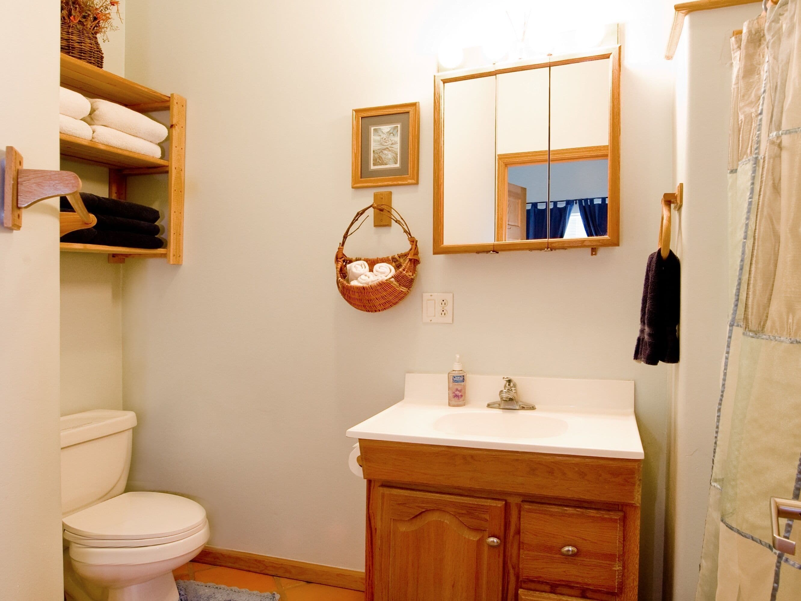 Ein Badezimmer mit Toilette, Waschbecken mit Spiegel darüber und Duschvorhang.