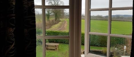 A window with a view of a rural landscape, including a path and a green field.