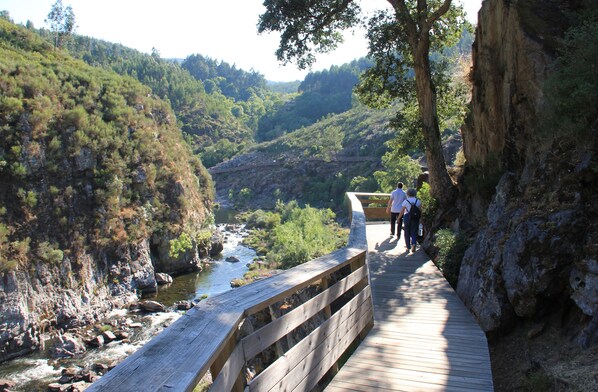 Un pont en bois enjambant une rivière, avec des falaises rocheuses de chaque côté.