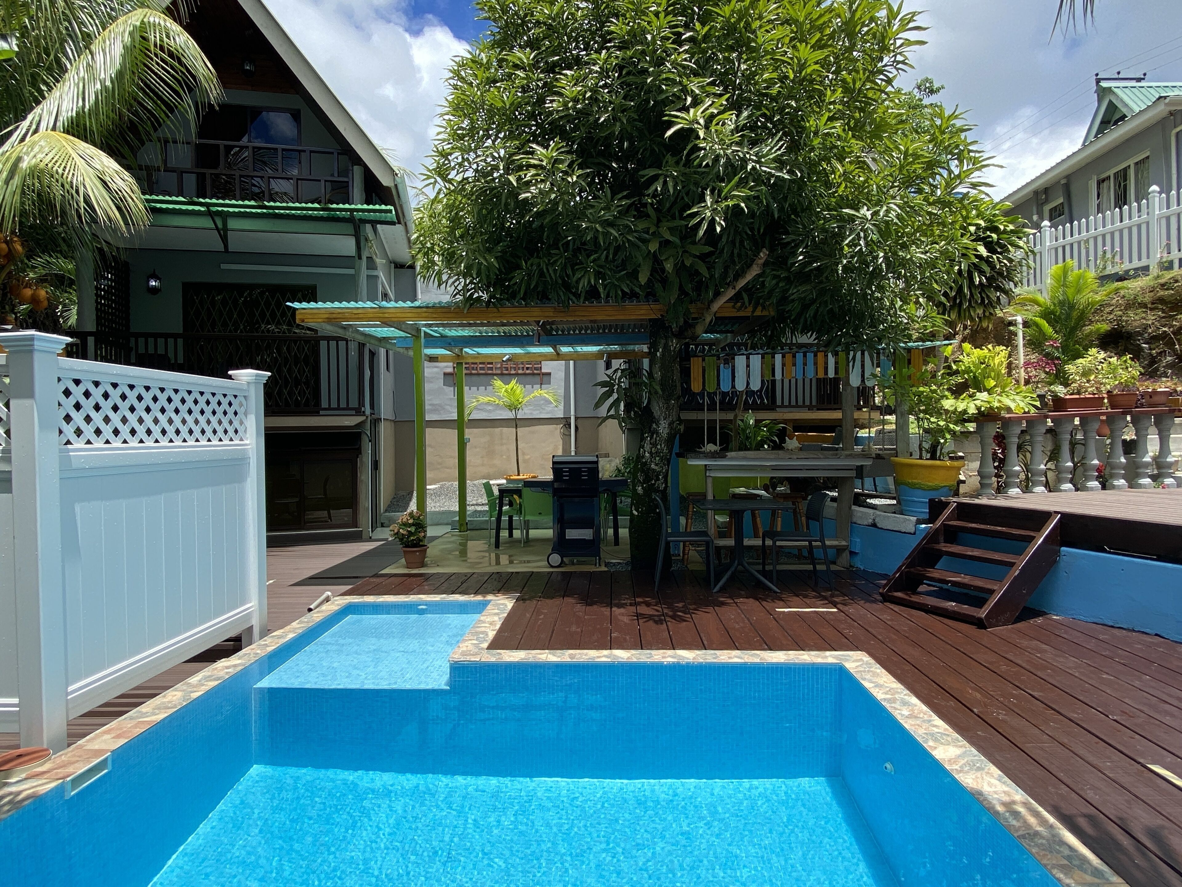 Outdoor pool, pool umbrellas, pool loungers