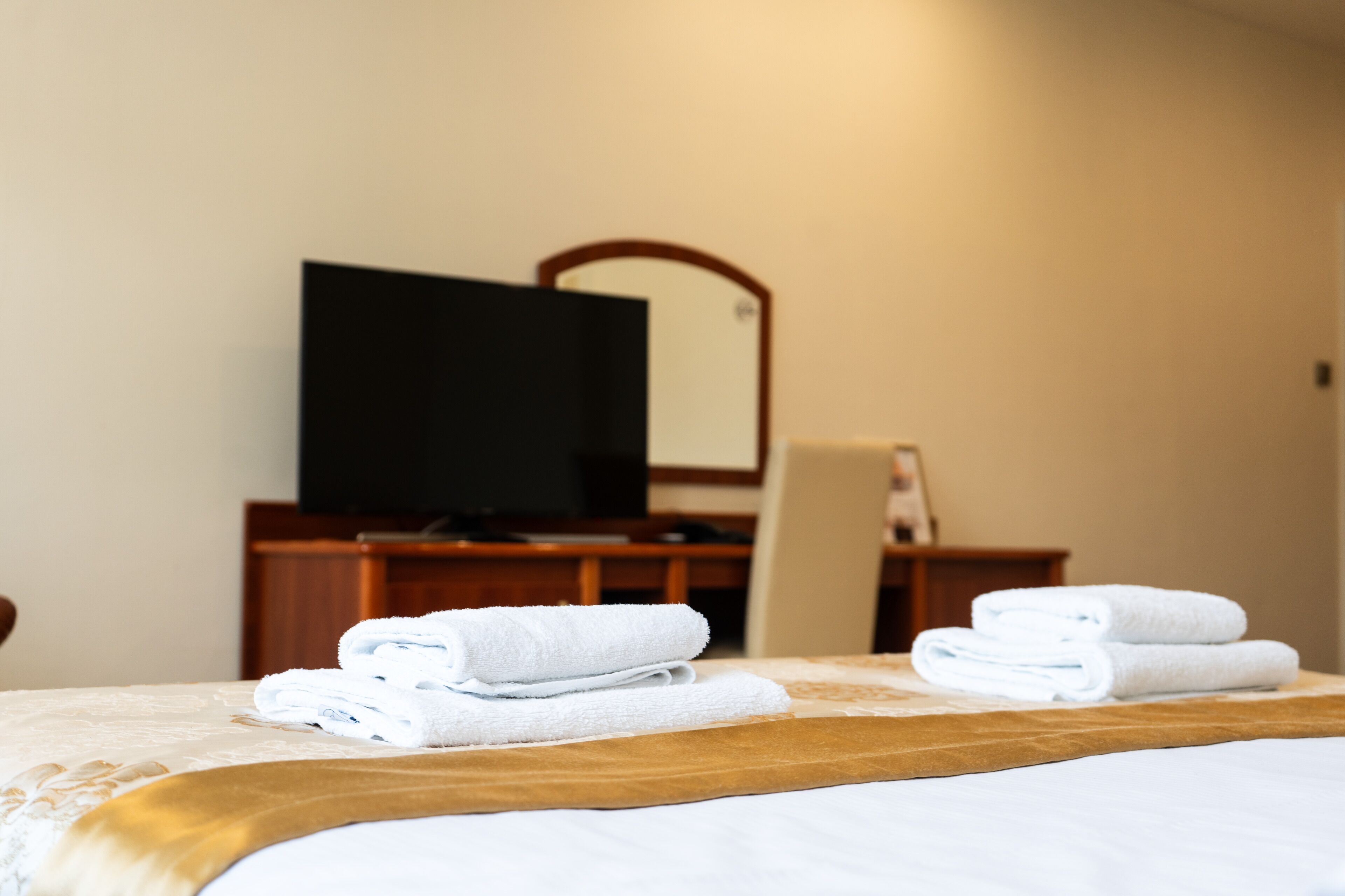 Una habitación de hotel con cama, televisor, escritorio y espejo.