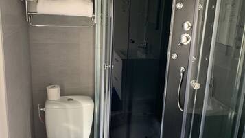 A modern bathroom with a glass-enclosed shower, a toilet, and a sink.