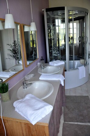 Suite Royal, vista al jardín | Ba ño | Regadera tipo lluvia, amenidades de baño gratuitas, secadora de cabello 