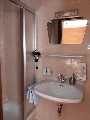 Shower, free toiletries, hair dryer, towels