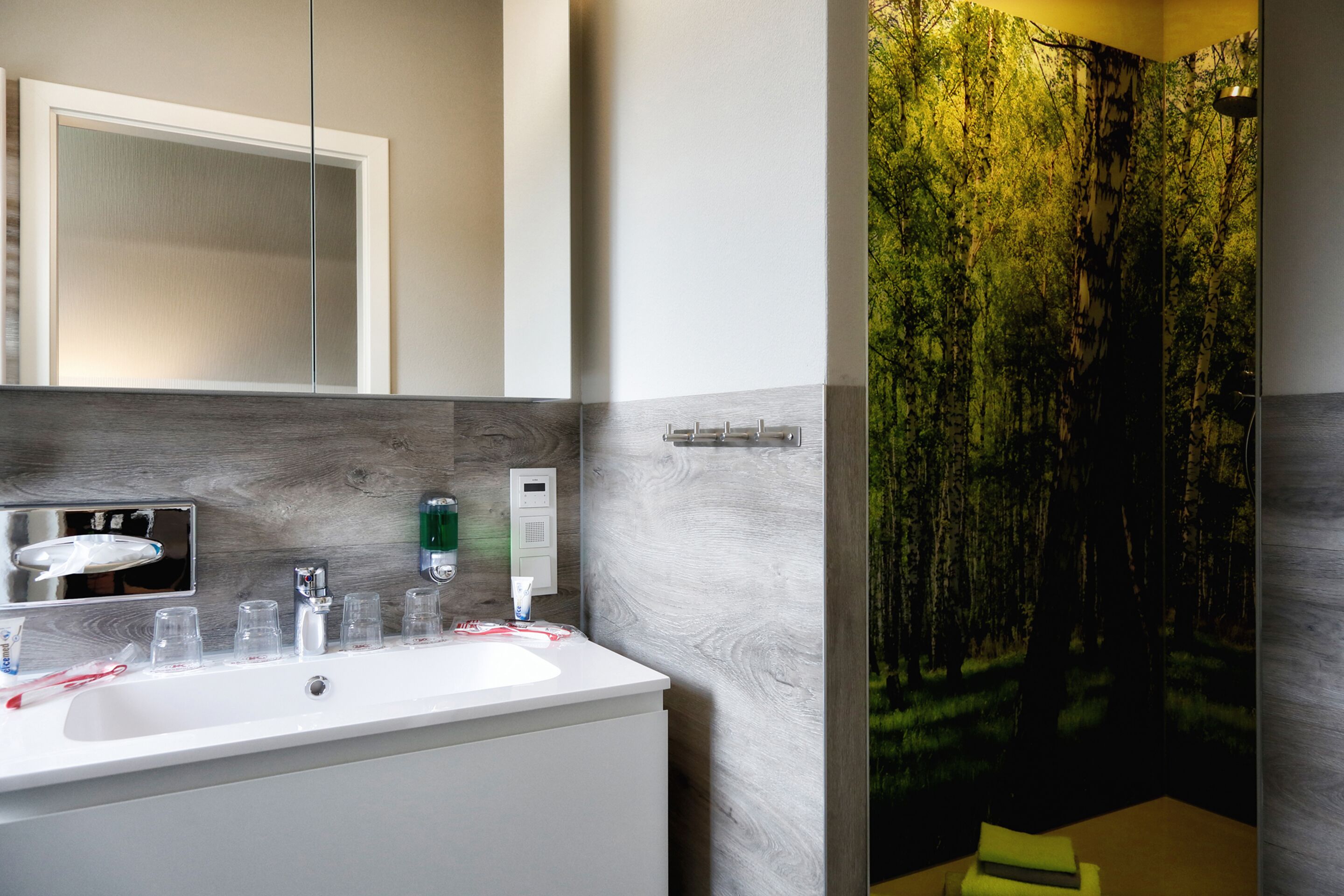 A modern bathroom with a white sink, mirror, and a wall-mounted shower.