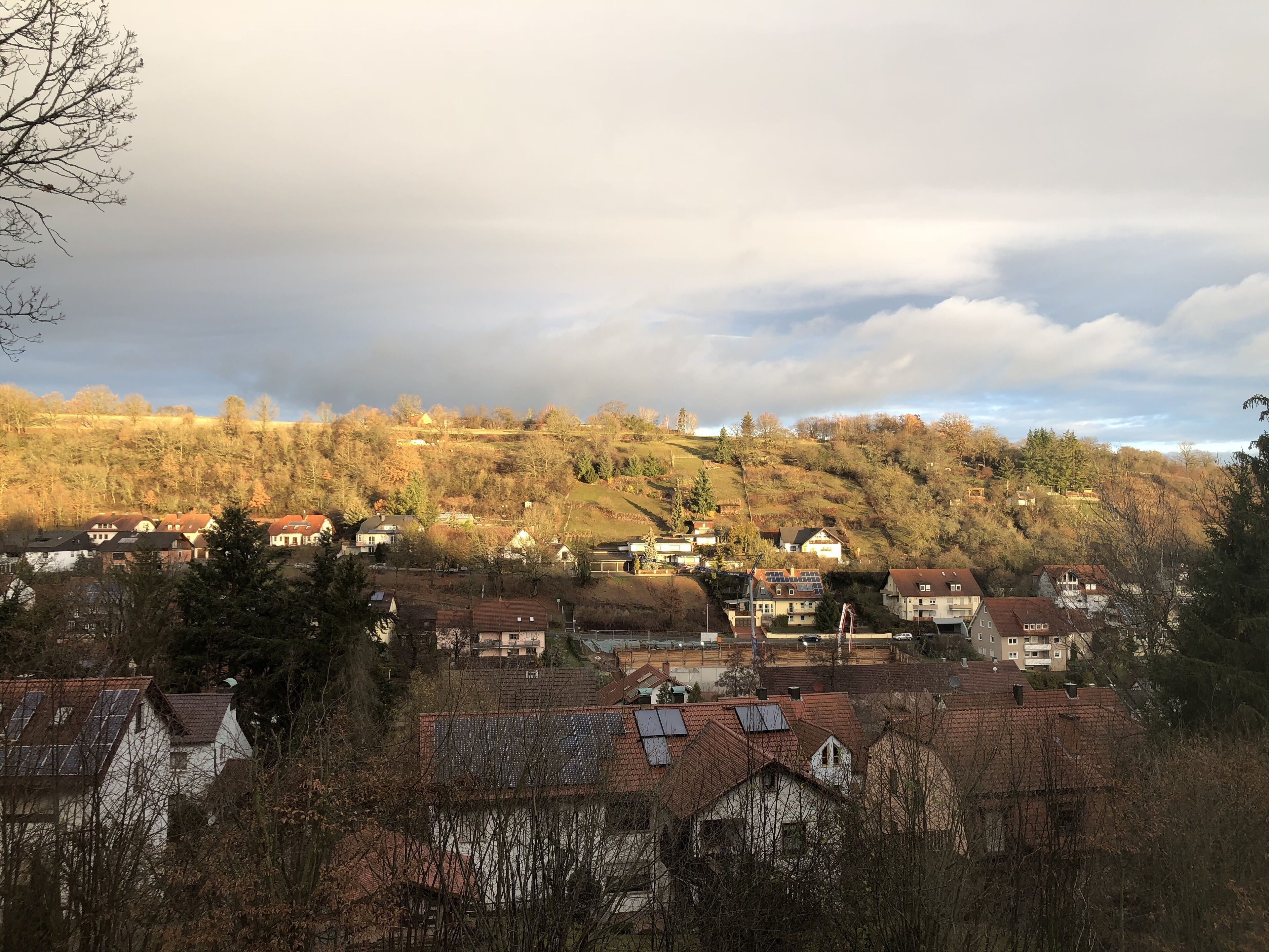 A residential area with houses on a hillside, surrounded by trees and under a cloudy sky.