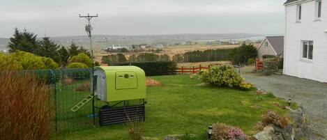 A rural setting with a green trailer, stone wall, and a white building with windows.