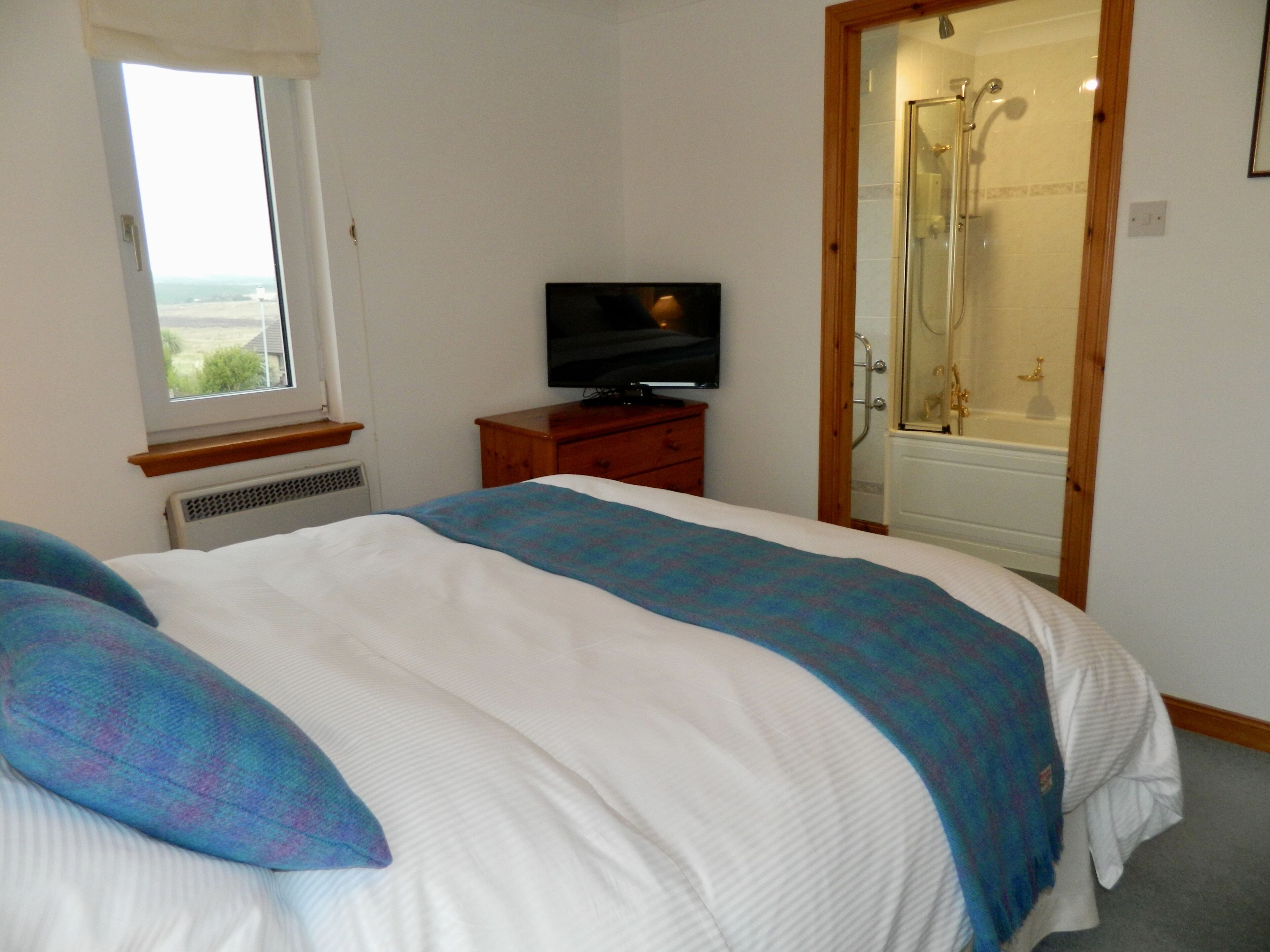 A bedroom with a bed, a television, a window, and a shower.