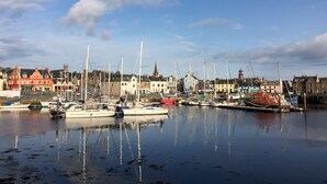 En havn med fortøjede både, bygninger i baggrunden og en klar himmel.