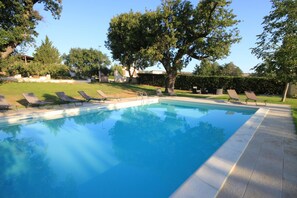 Outdoor pool, pool umbrellas, pool loungers