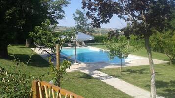 Outdoor pool, pool umbrellas, pool loungers