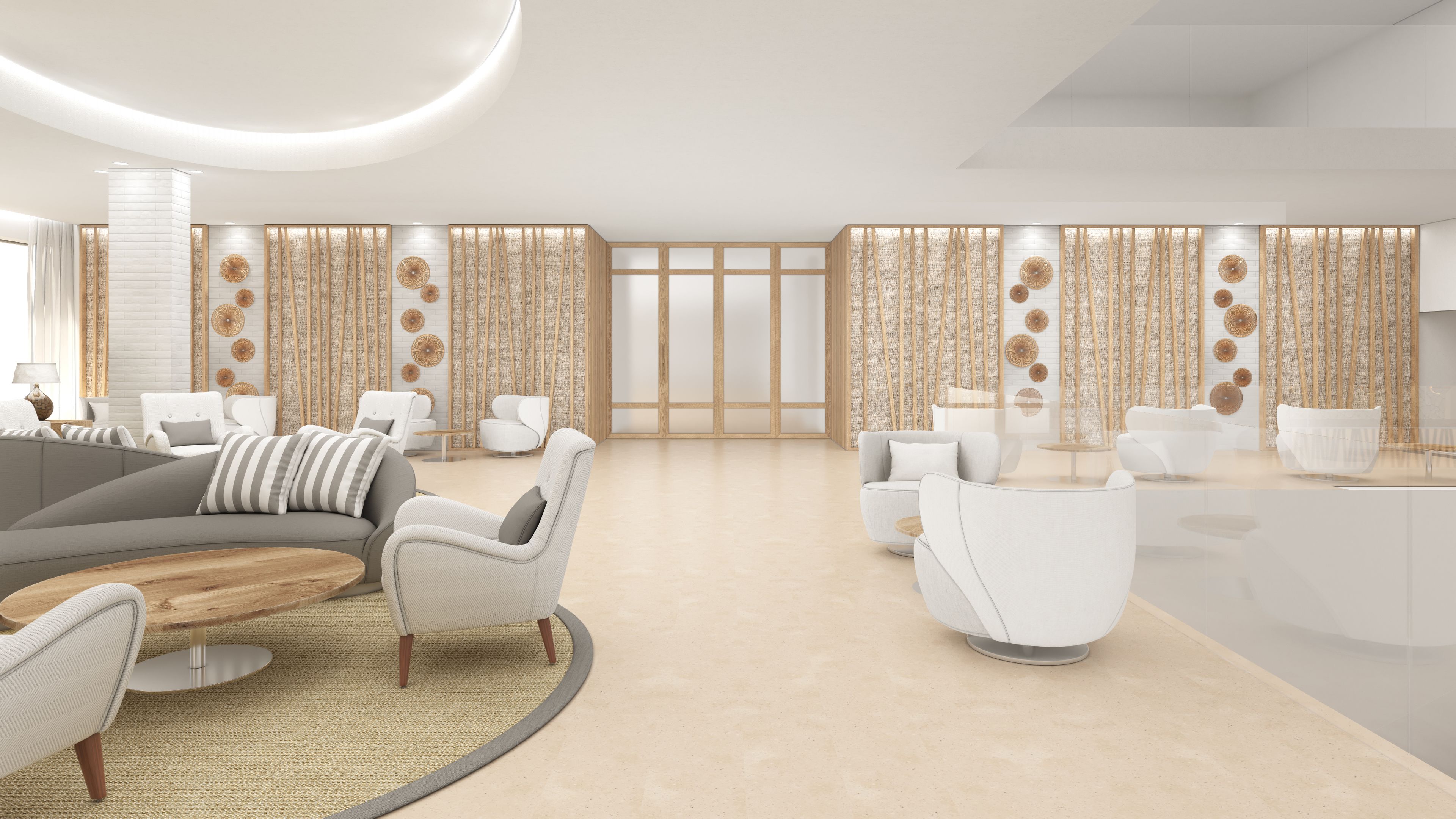 A modern lounge area with sofas, armchairs, and a coffee table.