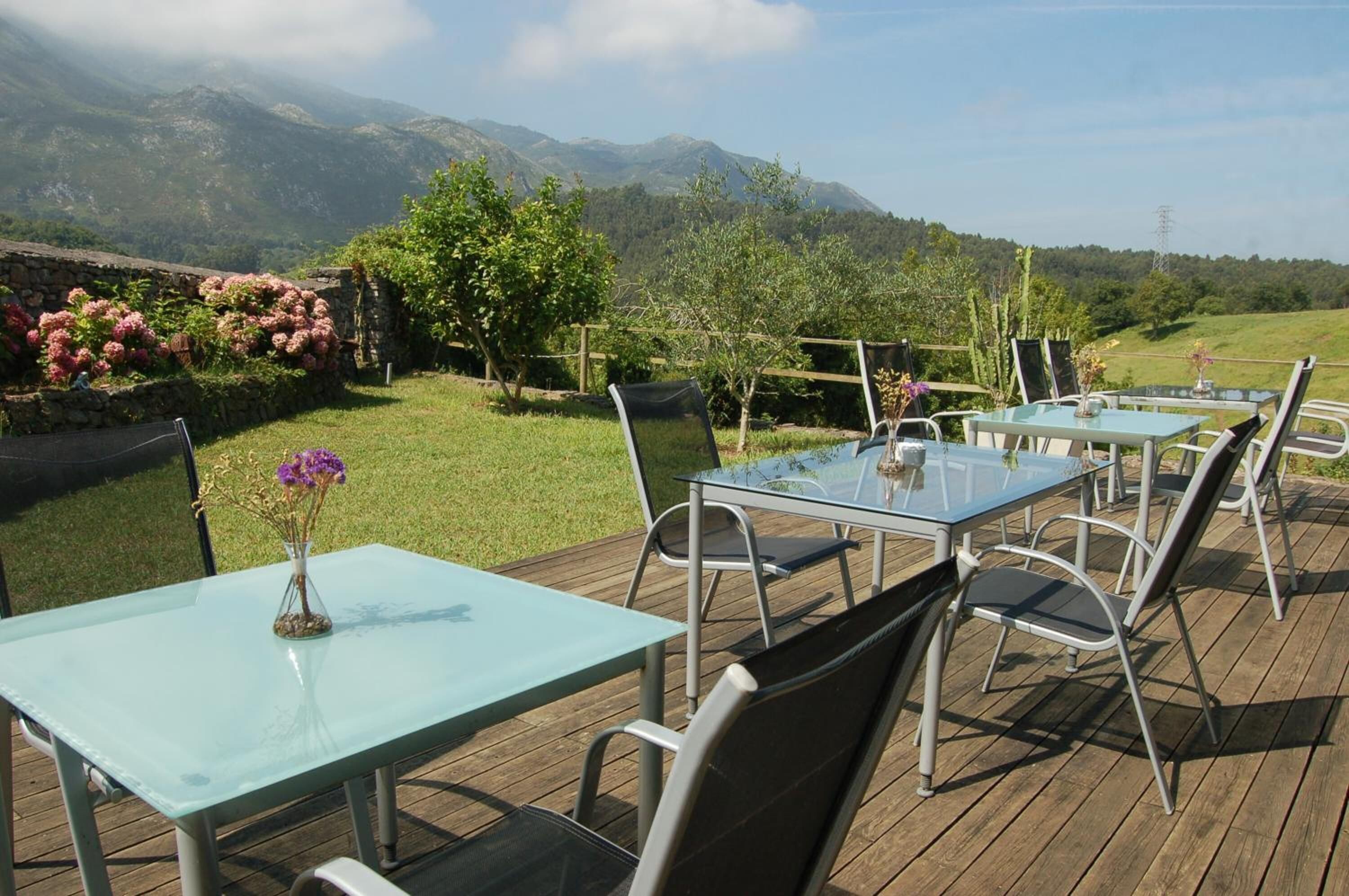 A deck with glass-top tables and chairs, surrounded by a stone wall and flowering plants, overlooking a mountainous landscape.