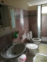 Un baño con dos inodoros, un lavamanos, un espejo y una zona de ducha.