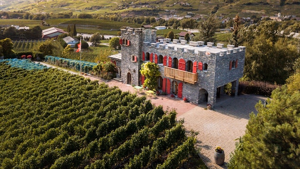 A castle-like building with a stone facade, red windows, and a balcony, surrounded by a vineyard and hilly landscape. - Castel de Daval (Sierre)