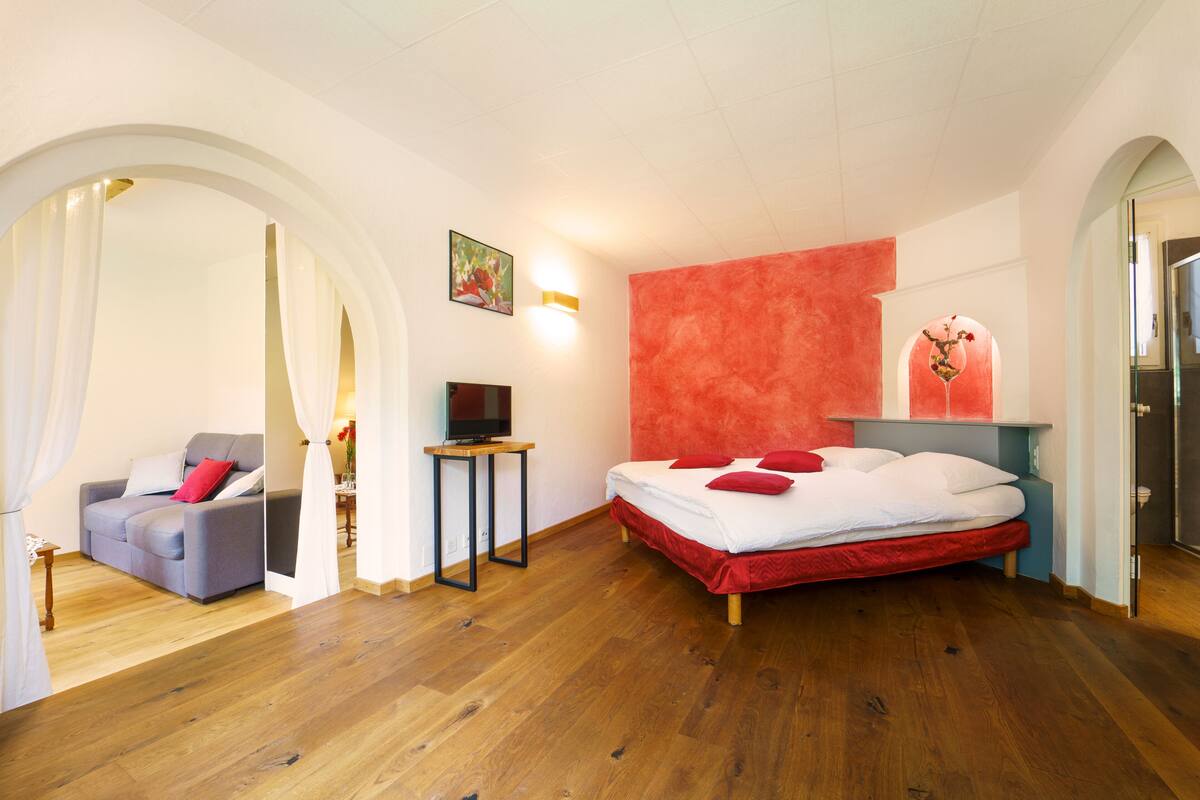 A bedroom with a bed, a TV, a sofa, and a dining table.