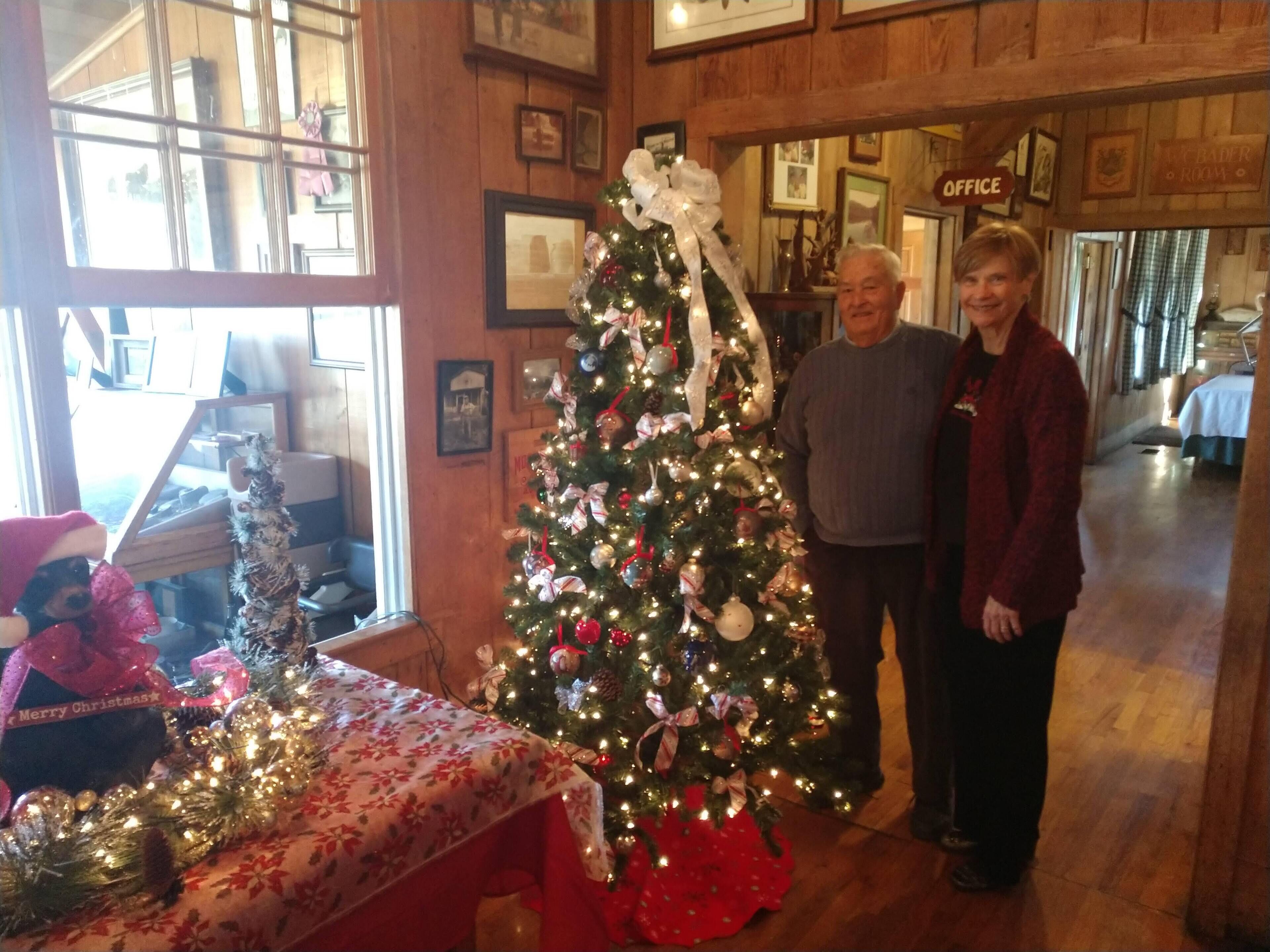 A Christmas tree decorated with ornaments and lights, a table with a floral tablecloth, and a sign labeled "OFFICE".
