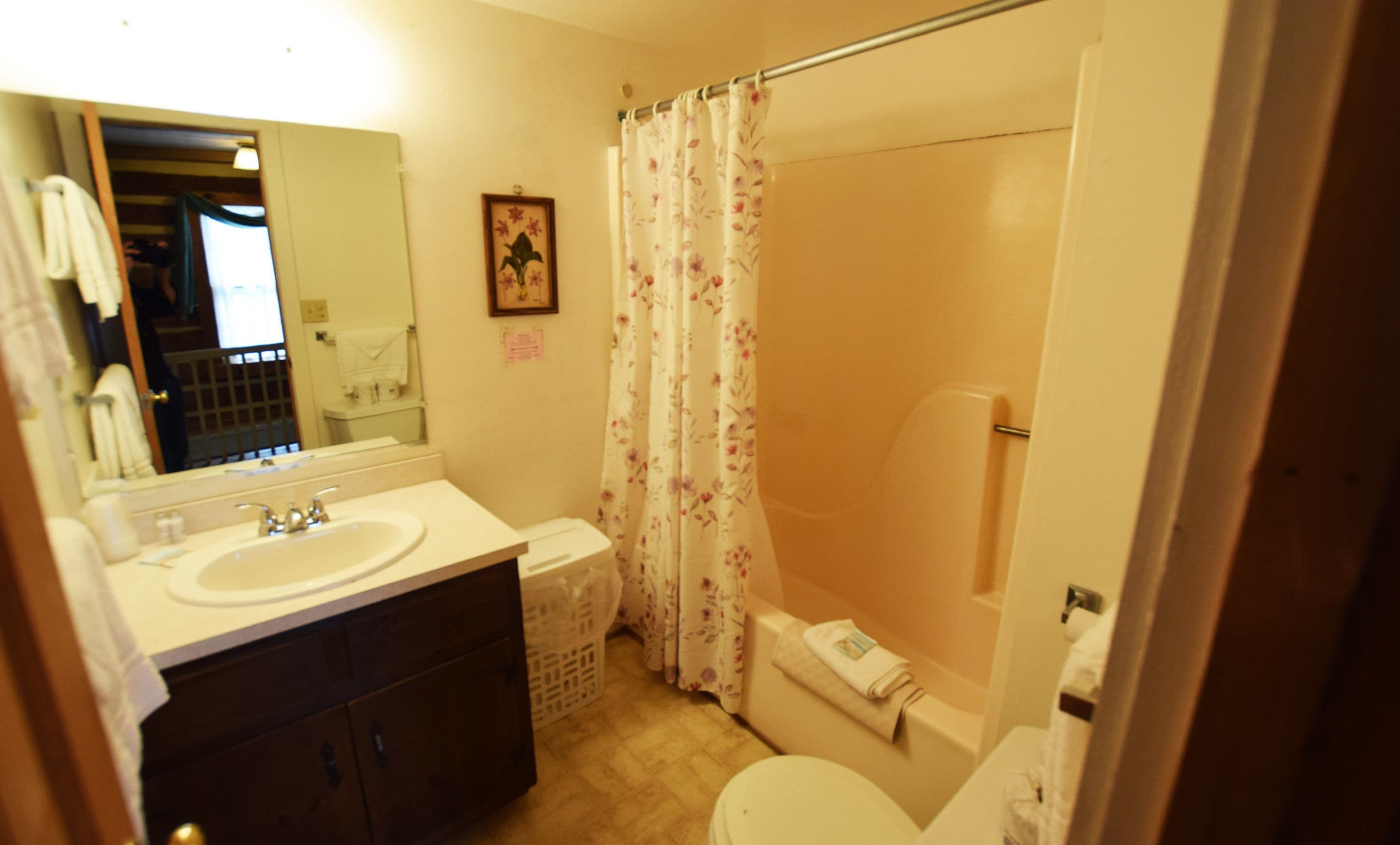 A bathroom with a sink, mirror, toilet, and shower curtain.