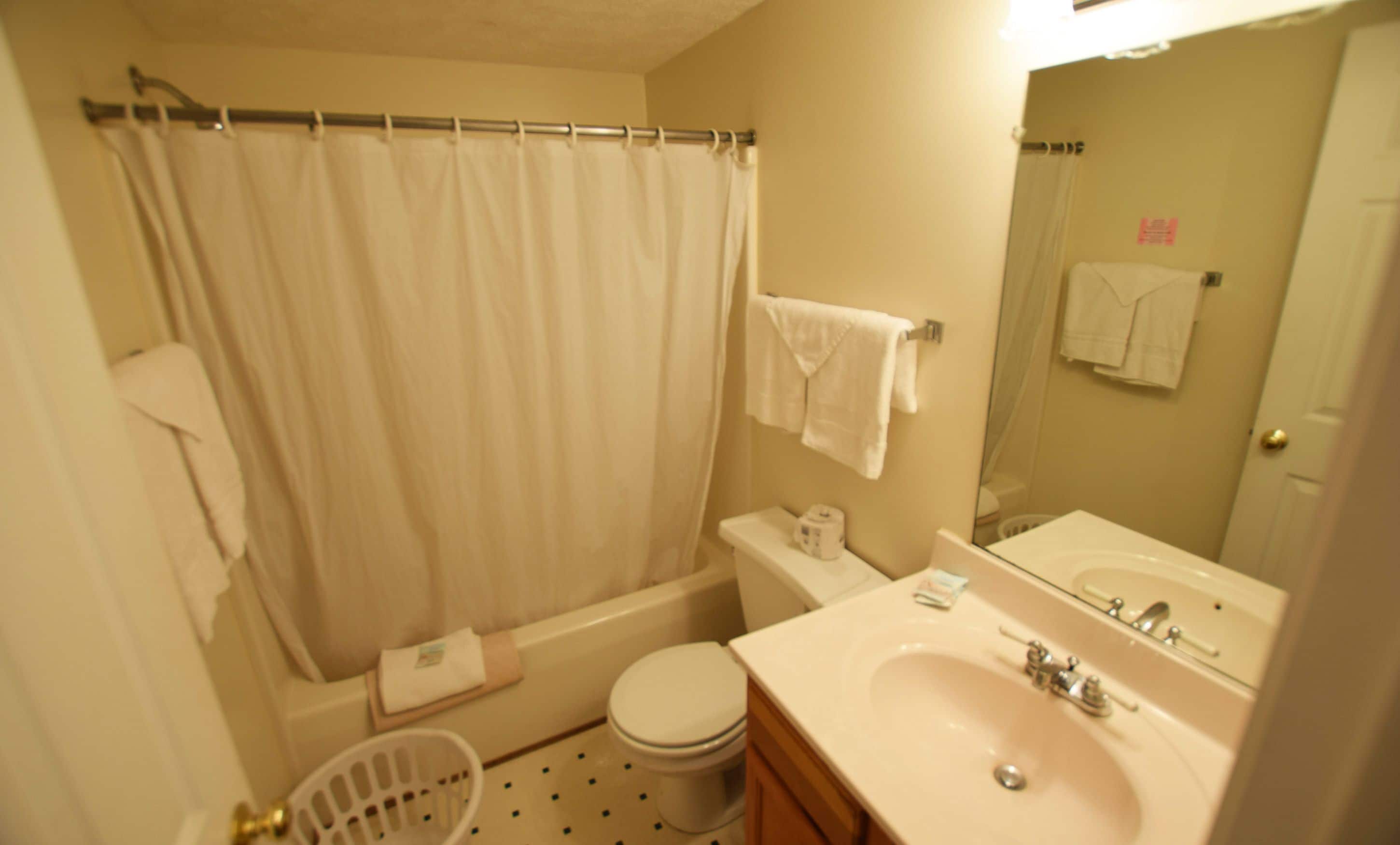 Une salle de bain avec une baignoire, des toilettes, un lavabo et un miroir.
