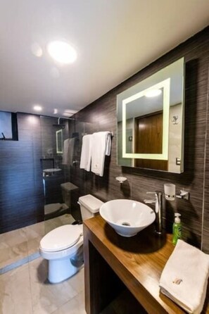 Shower, hair dryer, towels