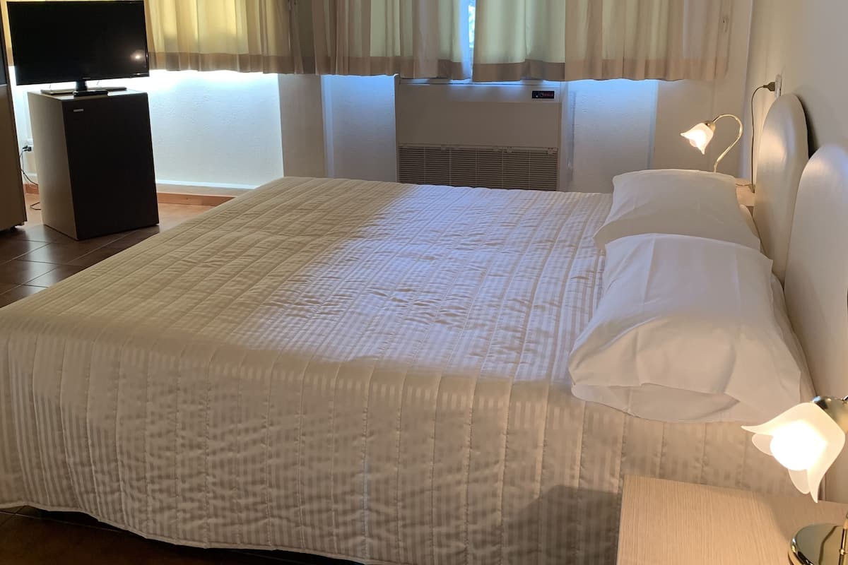 A hotel room with a large bed, a flat-screen TV, a bedside table with a lamp, and a window with curtains.