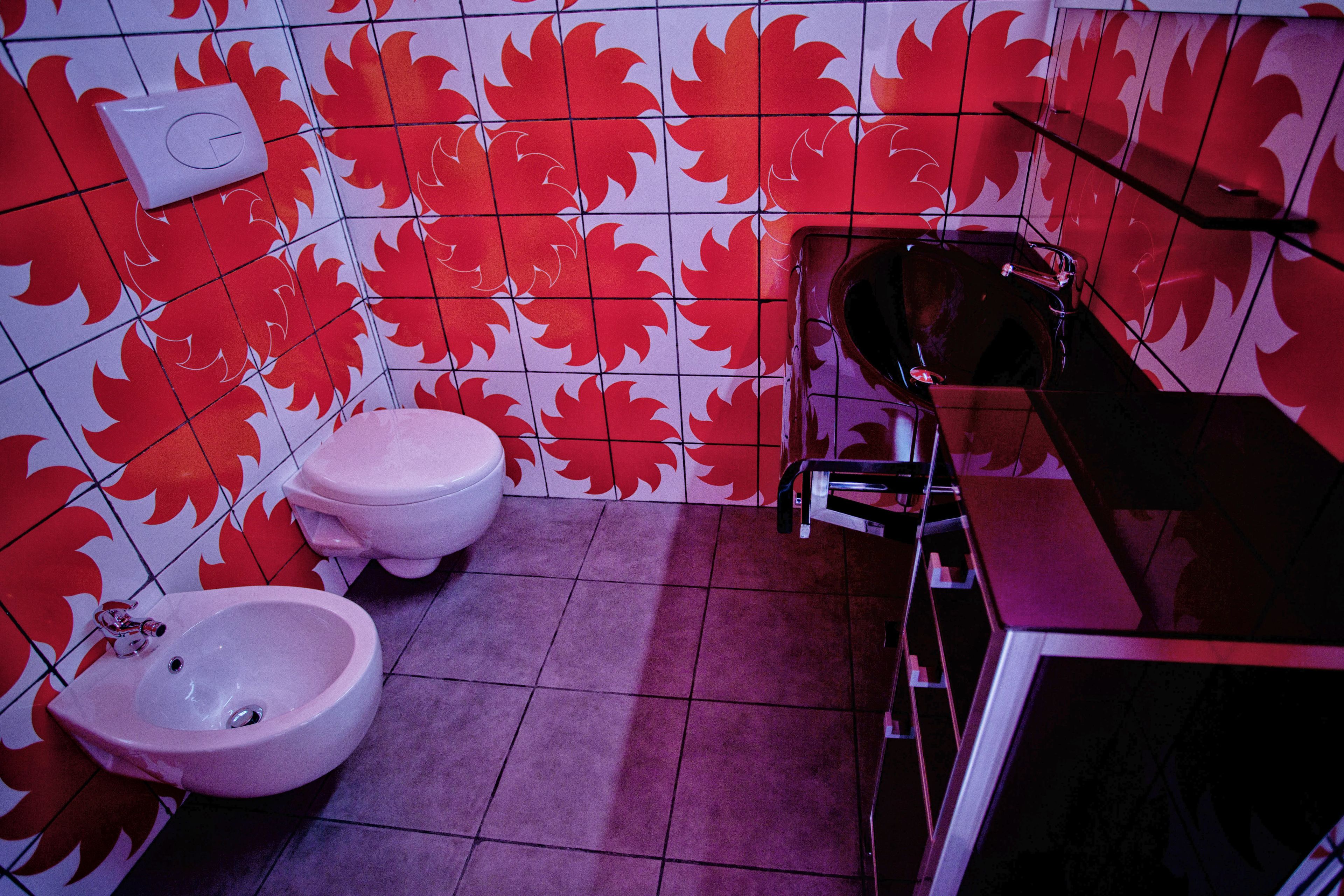 A bathroom with red maple leaf patterned tiles, a white toilet, and a bidet.