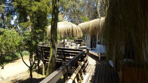 A wooden deck with a thatched roof structure, surrounded by trees and greenery. - 440 Cachagua (Zapallar)