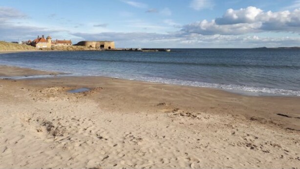 A beach with a sandy shore and a building in the background.