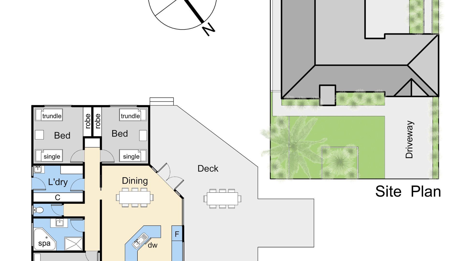 A site plan of a hotel with a deck, dining area, spa, and multiple bedrooms.