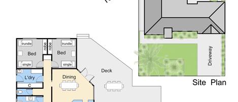 A site plan of a hotel with a deck, dining area, spa, and multiple bedrooms.